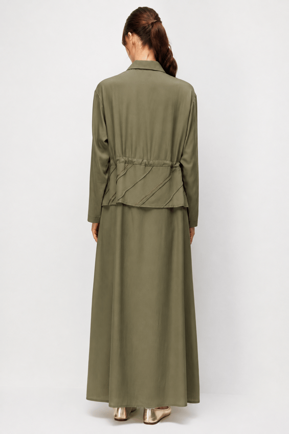 100% Natural LyoCELL Maxi Draped Soft Fabric Handcrafted Pattern Ribbed and Stone Embellished Maxi Dress/Abayas - Khaki