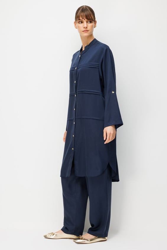 %100 Doğal LyoCELL Sıralı Aller Nervür Detaylı Maxi Tunik ve Pantalon Kombinli Takım-Laci