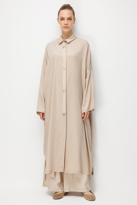%100 LyoCell Özel Detay Garnili Maxi Tunik Kap-Taş