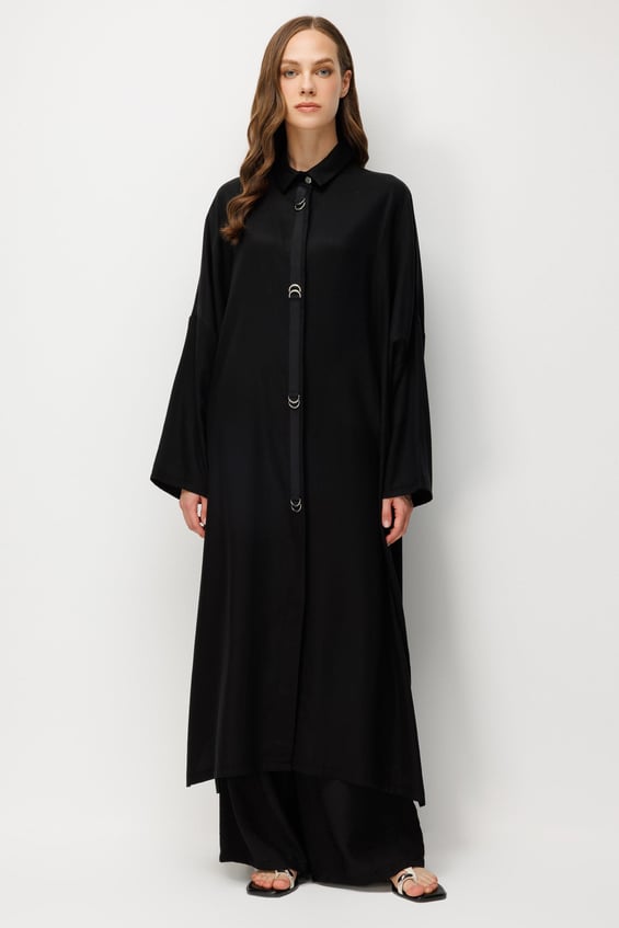 %100 LyoCell Özel Detay Garnili Maxi Tunik Kap-Siyah