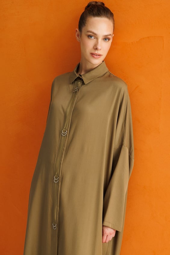 %100 LyoCell Özel Detay Garnili Maxi Tunik Kap-Haki