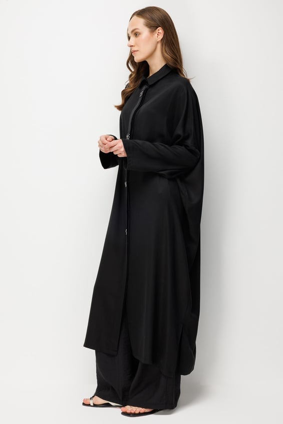 %100 LyoCell Özel Detay Garnili Maxi Tunik Kap-Siyah