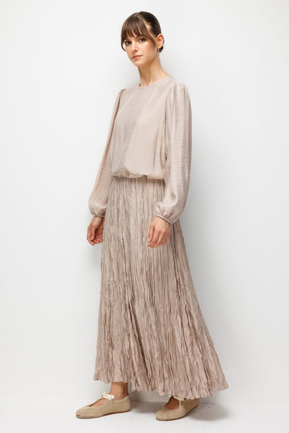 %85 Doğal LyoCELL Şifon Kraş Alt Beden ve Düz Üst Beden Özel Elbise-Taş