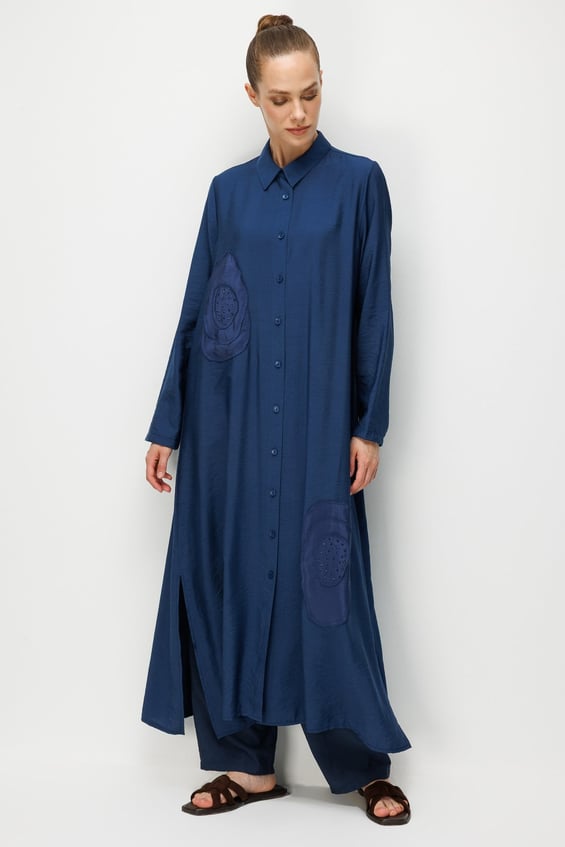 %85 LyoCELL Aller Özel Taş ve Desen İşlemeli Maxi Tunik Elbise Ferace-MARİN