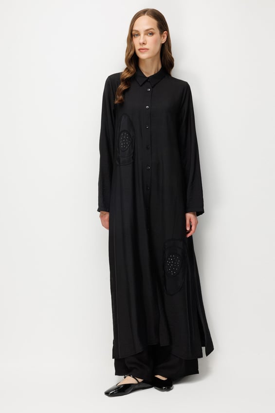 %85 LyoCELL Aller Özel Taş ve Desen İşlemeli Maxi Tunik Elbise Ferace-Siyah