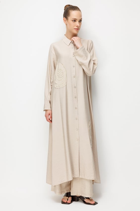 %85 LyoCELL Aller Özel Taş ve Desen İşlemeli Maxi Tunik Elbise Ferace-Taş