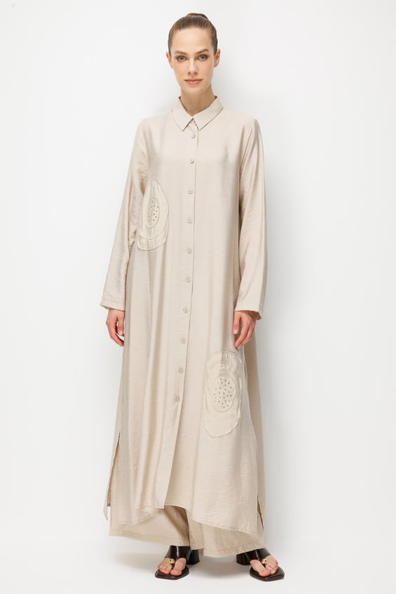 %85 LyoCELL Aller Özel Taş ve Desen İşlemeli Maxi Tunik Elbise Ferace-Taş