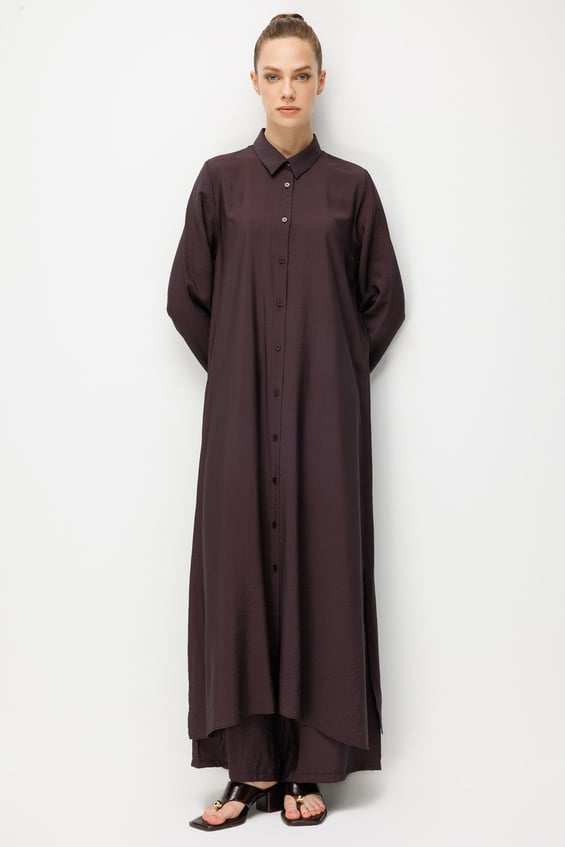 %85 LyoCELL Aller Sırt Rüzgarlıklı  Maxi Tunik Elbise-Pantalon Kombin Takım-Kahve