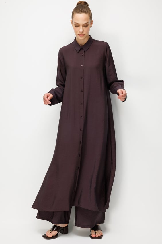 %85 LyoCELL Aller Sırt Rüzgarlıklı  Maxi Tunik Elbise-Pantalon Kombin Takım-Kahve