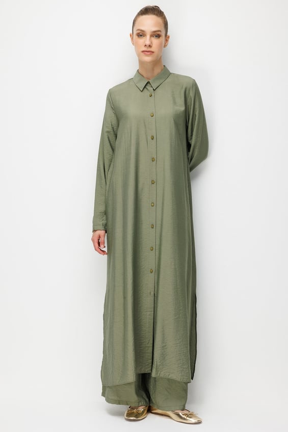 %85 LyoCELL Aller Sırt Rüzgarlıklı  Maxi Tunik Elbise-Pantalon Kombin Takım-Haki