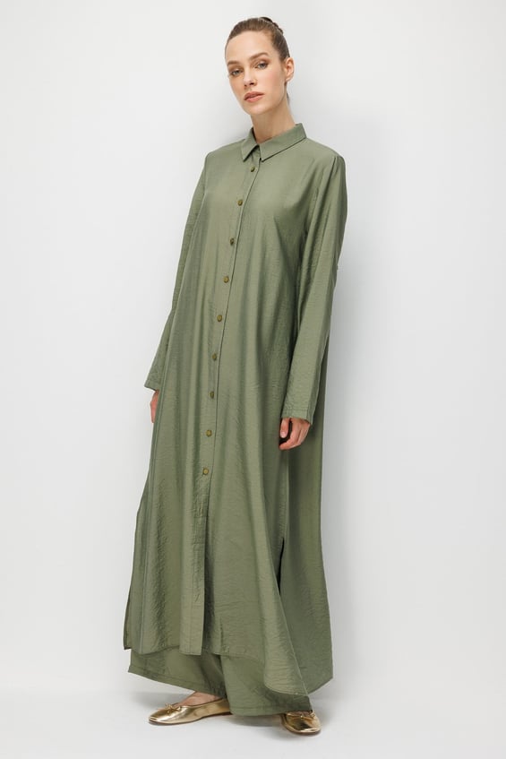 %85 LyoCELL Aller Sırt Rüzgarlıklı  Maxi Tunik Elbise-Pantalon Kombin Takım-Haki