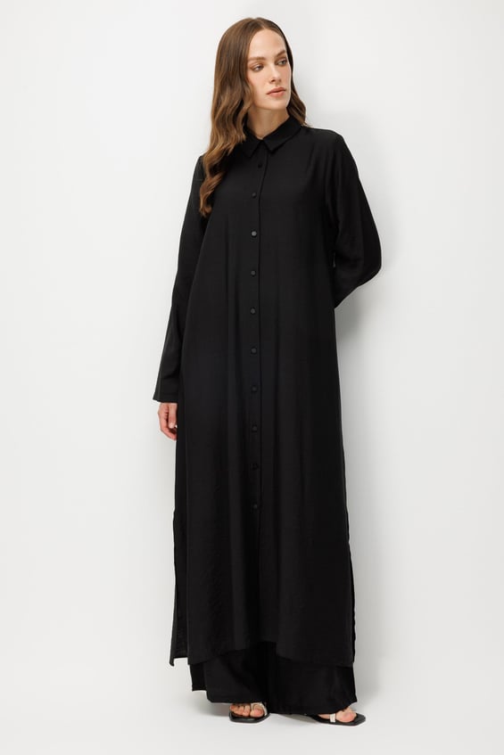 85% LyoCELL Allergievrije Windbreaker Maxi Tuniekjurk en Broek Set - Zwart