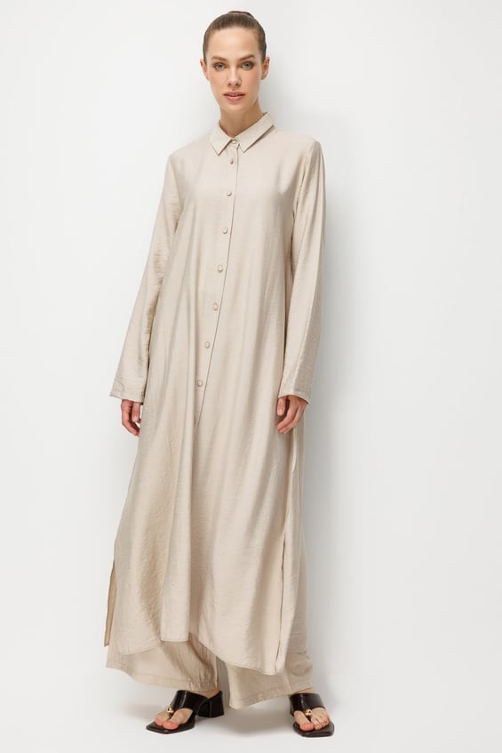 %85 LyoCELL Aller Sırt Rüzgarlıklı  Maxi Tunik Elbise-Pantalon Kombin Takım-Taş