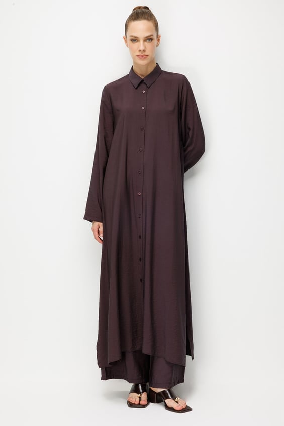 %85 LyoCELL Aller Sırt Rüzgarlıklı  Maxi Tunik Elbise-Pantalon Kombin Takım-Kahve