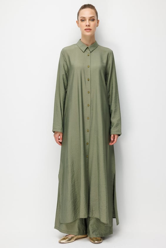 %85 LyoCELL Aller Sırt Rüzgarlıklı  Maxi Tunik Elbise-Pantalon Kombin Takım-Haki