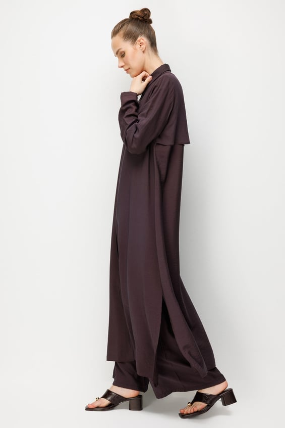%85 LyoCELL Aller Sırt Rüzgarlıklı  Maxi Tunik Elbise-Pantalon Kombin Takım-Kahve