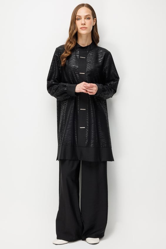 %85 LyoCELL Desen ve Aksesuar Garnili Pantalon ve Tunik Kombin Takım-Siyah