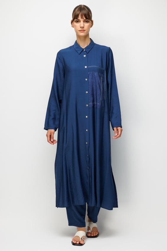 Maxi-Tunika-Set aus 85 % LyoCELL-Stoff mit goldfarbenem Muster und Zierborte – Marineblau