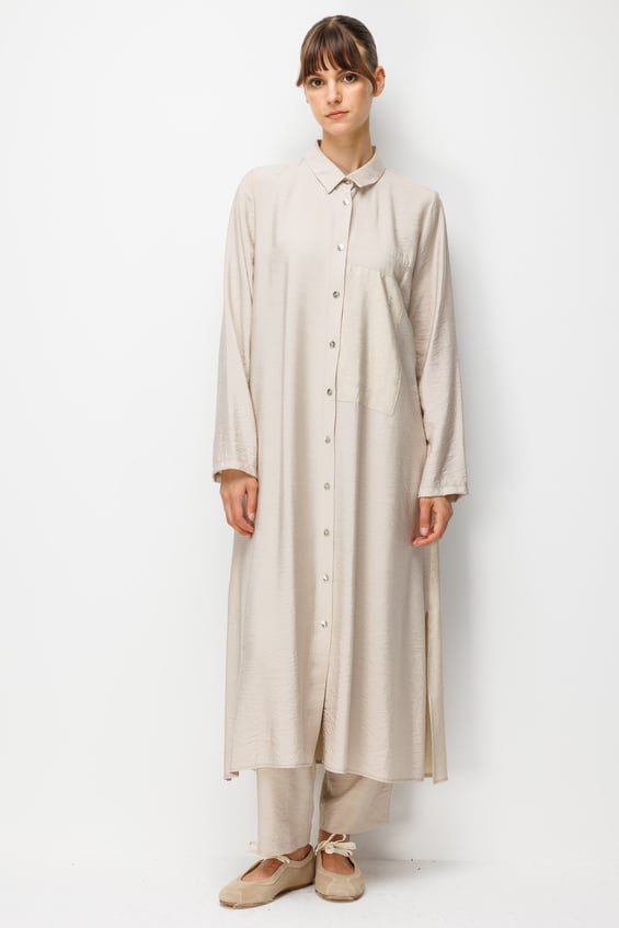 %85 LyoCELL Goldy Desenli Ara Kumaş Garnili Pantalon Maxi Tunik Kombin Takım.-Taş