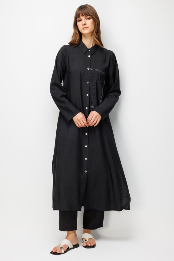 Maxi-Tunika-Set aus 85 % LyoCELL-Stoff mit goldfarbenem Muster und Zierborte – Schwarz