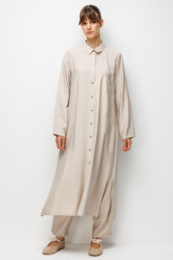 %85 LyoCELL Goldy Desenli Ara Kumaş Garnili Pantalon Maxi Tunik Kombin Takım.-Taş