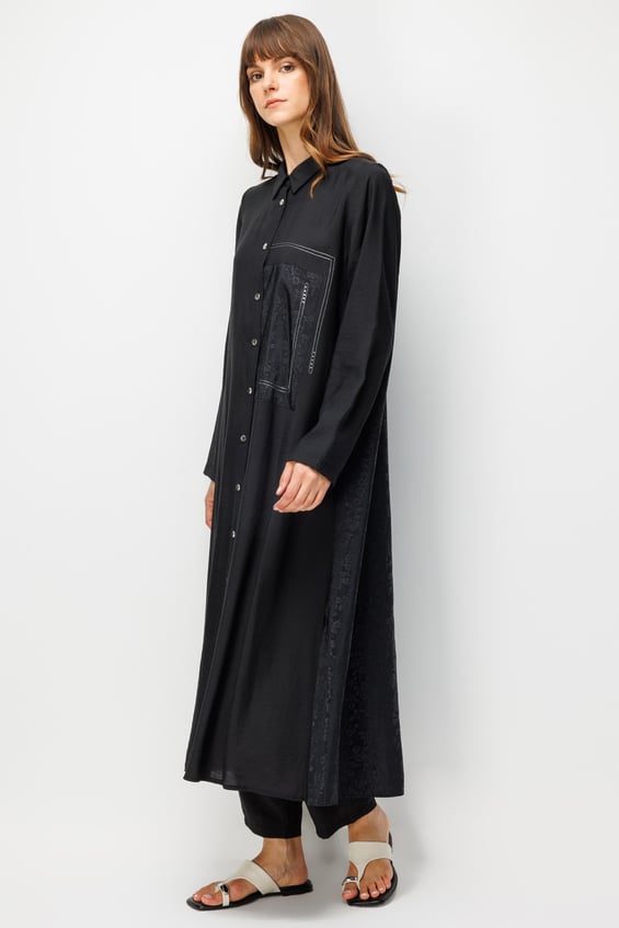 Maxi-Tunika-Set aus 85 % LyoCELL-Stoff mit goldfarbenem Muster und Zierborte – Schwarz