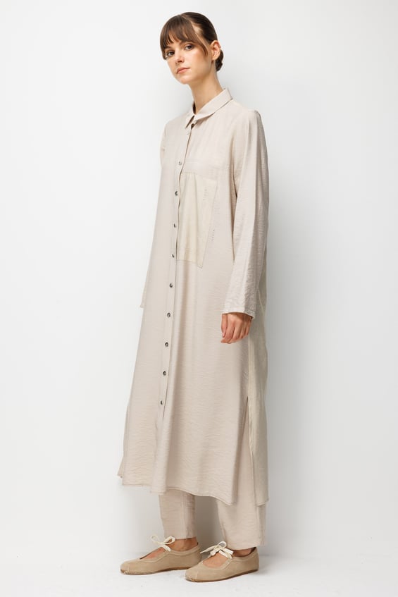 %85 LyoCELL Goldy Desenli Ara Kumaş Garnili Pantalon Maxi Tunik Kombin Takım.-Taş