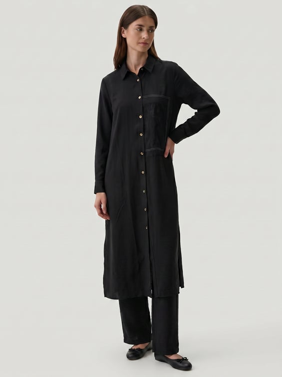 %85 LyoCELL Goldy Desenli Ara Kumaş Garnili Pantalon Maxi Tunik Kombin Takım.-Siyah