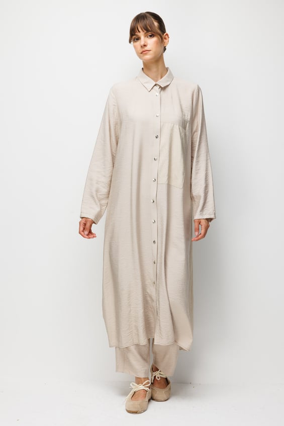 %85 LyoCELL Goldy Desenli Ara Kumaş Garnili Pantalon Maxi Tunik Kombin Takım.-Taş
