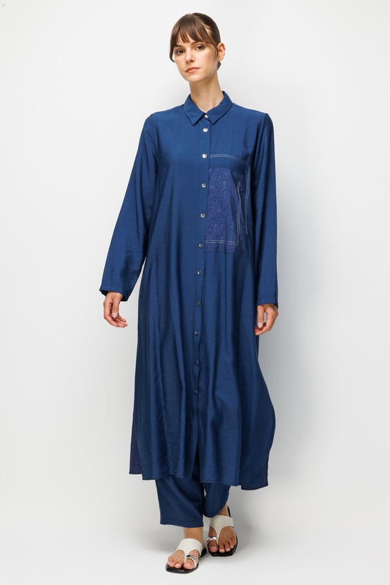 Maxi-Tunika-Set aus 85 % LyoCELL-Stoff mit goldfarbenem Muster und Zierborte – Marineblau