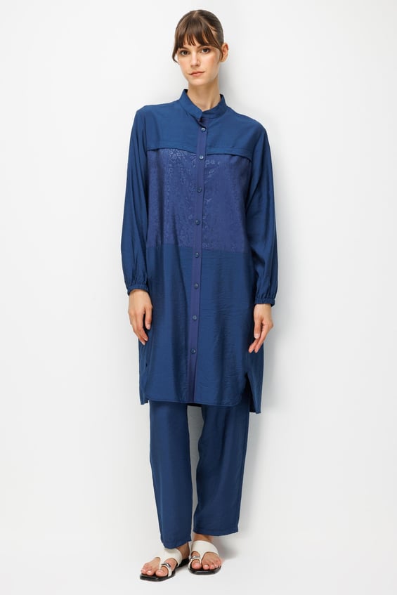 85% LyoCELL Goldy Patterned Hip-Covering Tunic and Pants Set - Navy Blue