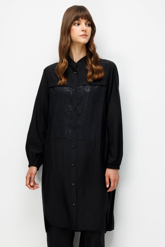 85% LyoCELL Goldy Patterned Hip-Covering Tunic and Pants Set - Black