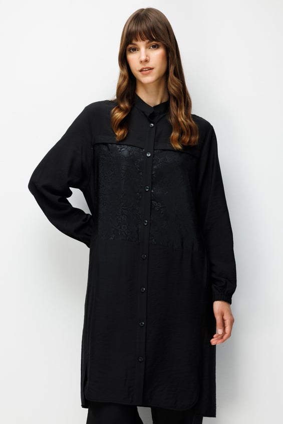 85% LyoCELL Goldy Patterned Hip-Covering Tunic and Pants Set - Black