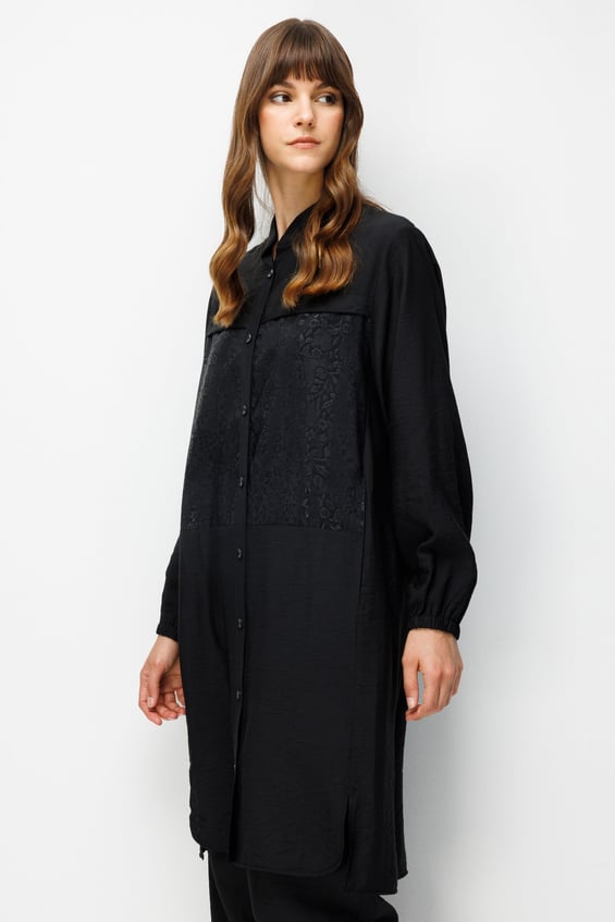 85% LyoCELL Goldy Patterned Hip-Covering Tunic and Pants Set - Black