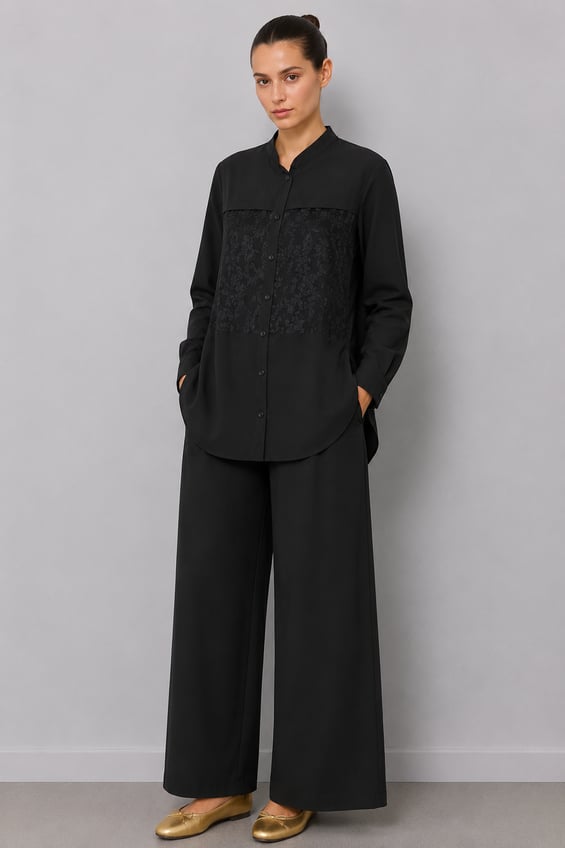 %85 LyoCELL Goldy Desenli Arabant Basen Örten Tunik Pantalon Kombin Takım-Siyah