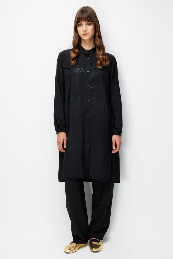 85% LyoCELL Goldy Patterned Hip-Covering Tunic and Pants Set - Black