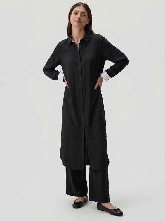 85% LyoCELL Goldy Marine Striped Fabric Trimmed Pants Maxi Tunic Set - Black