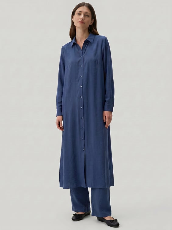 85% LyoCELL Goldy Marine Striped Fabric Trimmed Pants Maxi Tunic Set - Navy