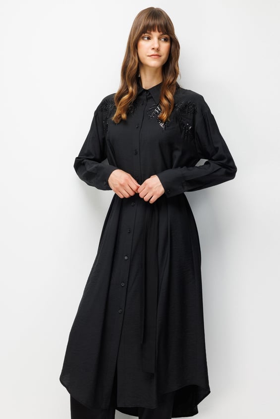 %85 LyoCELL Omuz El İşi Nakış Detaylı Maxi Tunik Elbise-Siyah