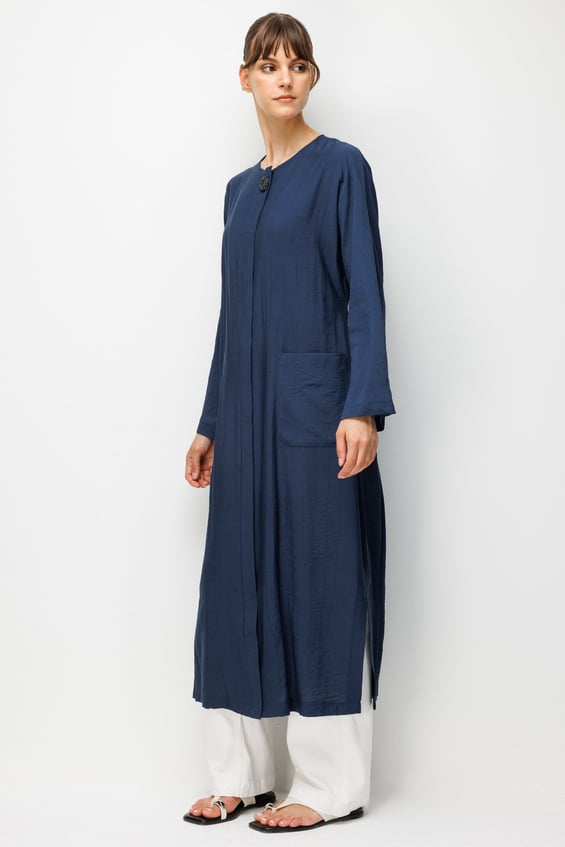 85% LyoCELL Sadə və Xüsusi Bel Toplu Abaya - Tünd Göy