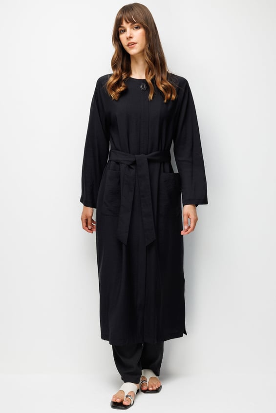 85% LyoCELL Sadə və Xüsusi Bel Toplu Abaya - Qara