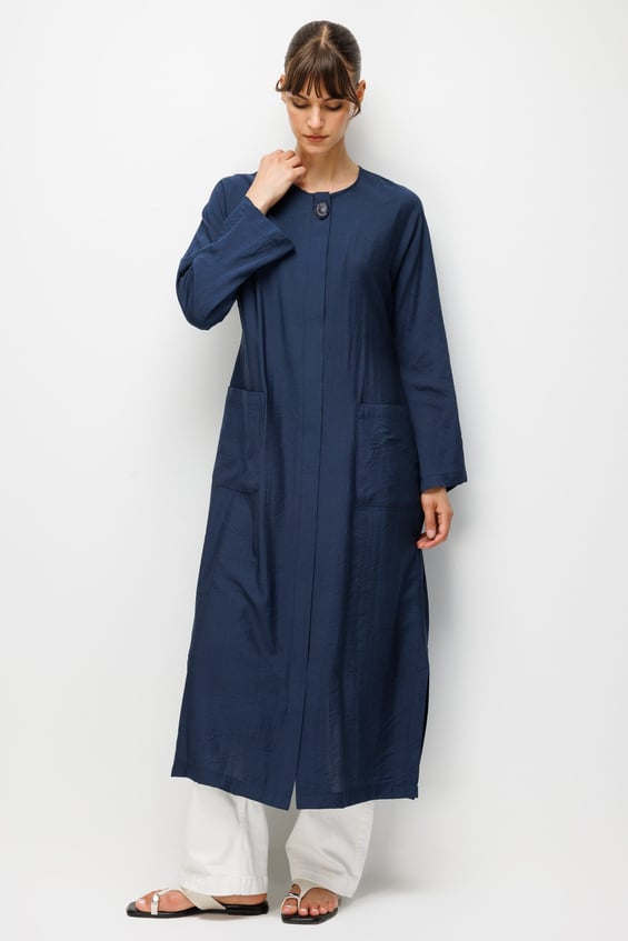 85% LyoCELL Sadə və Xüsusi Bel Toplu Abaya - Tünd Göy