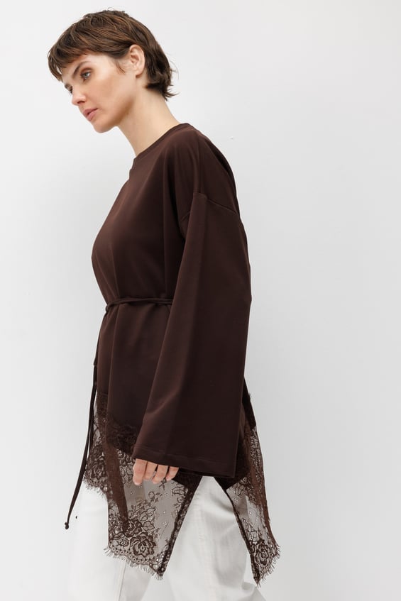 Asimetrik Dantel Garnili Tunik-Kahve