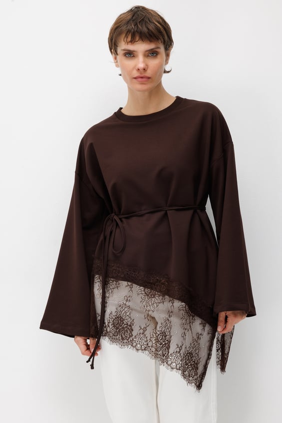 Asimetrik Dantel Garnili Tunik-Kahve