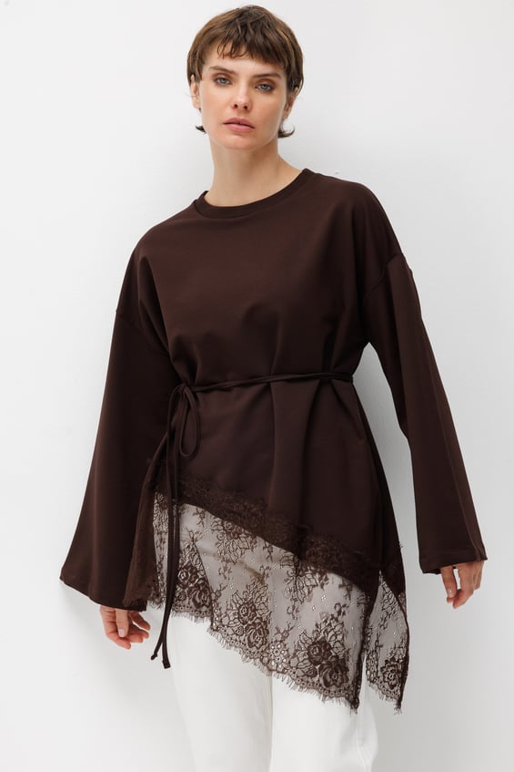 Asimetrik Dantel Garnili Tunik-Kahve