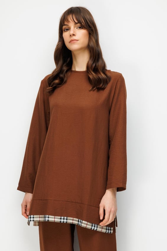 Ferra Garni zijden stoffen lichtgewicht en comfortabele broek en tuniek set - Koffie