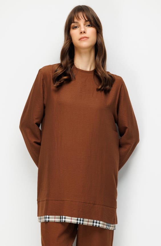 Ferra Garni zijden stoffen lichtgewicht en comfortabele broek en tuniek set - Koffie