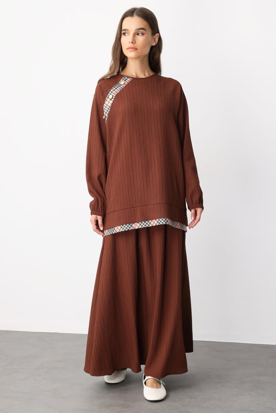 Elegant, Specially Woven Skirt Set with Garni Details - Coffee