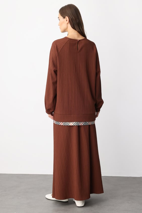 Elegant, Specially Woven Skirt Set with Garni Details - Coffee
