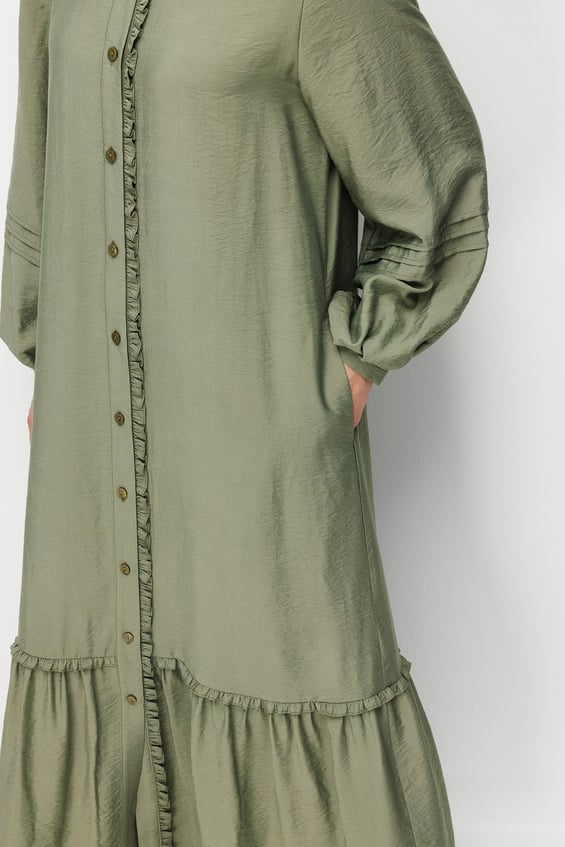 Goldy %85 LyoCELL Soft Kumaştan Büzgü Detaylı Zamansız Maxi Tunik Elbilse-Haki
